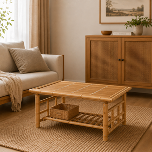 Bamboo Coffee <b>Table</b> Natural Slatted Design <b>With</b> Storage Shelf Tropical Modern Living Room Wholesale - Product Image 1