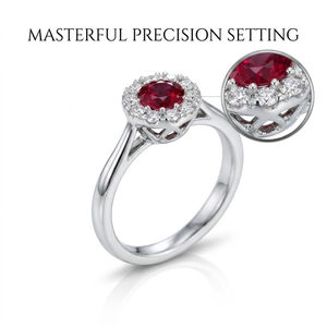 Bague Halo Classique en Or Blanc 18K avec Rubis Rouge Rond et Diamants, Bague de Fiançailles à Branches Divisées, Livraison Rapide, Conception Personnalisée, Service OEM ODM - Product Image 4