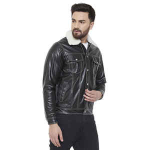 Blouson Bomber Homme en Cuir Véritable Doublé Sherpa Zippé Hiver Style Moto Biker Épais Coupe-Vent - Product Image 5