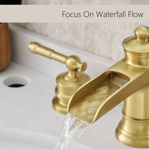 Rubinetto per lavabo bagno da 8 pollici in nichel oro con 3 fori e doppia leva, scarico a scomparsa incluso - Product Image 5
