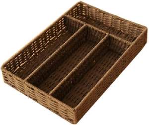 Panier de rangement rectangulaire moderne avec couvercle pour bureau, en rotin écologique, pour collations, stylos, clés, organisation de table et de bureau - Product Image 1