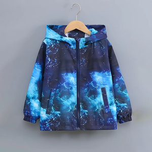 Chaqueta cortavientos con capucha y estampado de galaxia para niños, ropa exterior informal con cremallera, abrigo con estampado de cielo estrellado azul - Product Image 1