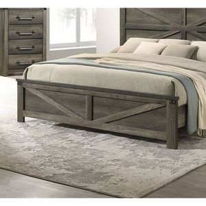 Letto Queen Size Grigio Rustico con Testiera dal Design Unico, Arredamento Semplice in Legno per Camera da Letto con Dettagli in Metallo - Product Image 6