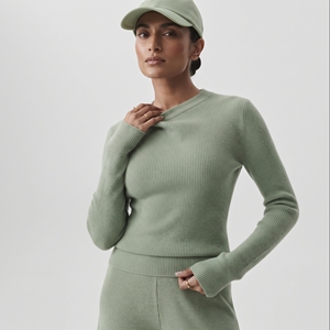 <b>Women</b> Ribbed Knit <b>Long</b> Sleeve Round Neck Pullover Solid Sage Green Slim Fit Breathable <b>Sweatshirt</b> Top - Product Image 1