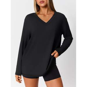 T-shirts Oversize FOXA 2025 pour Femmes – Hauts de Sport à Col en V et Manches Longues, Grandes Tailles, T-shirts Basiques pour le Printemps et les Tenues Décontractées d'Entraînement - Product Image 5