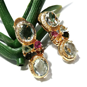 Boucles d'oreilles pendantes artisanales en argent sterling plaqué or 14 carats, style bohème, avec améthyste verte naturelle et multi-tourmaline - Product Image 4