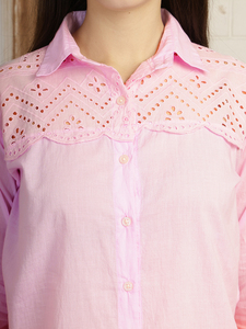 <b>Women's</b> Pink <b>Linen</b> Button Down Shirt With Embroidery Full Sleeve Casual <b>Top</b> Spring Summer Wear - Product Image 6