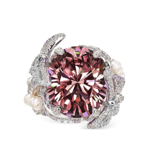Anillo de cóctel de morganita de lujo para mujer con perlas de agua dulce y detalles de diamantes, diseño de flor en plata 925, joyería para fiesta. - Product Image 1