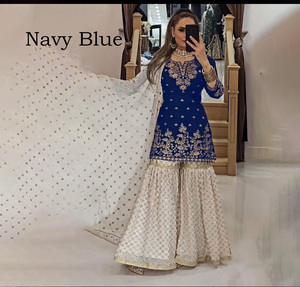 Hermoso Traje Sharara de Diseño con Bordado en Foux Gorgette, Tradicional para Fiestas de Invierno, Corte Regular, Secado Rápido, Reversible y Elástico - Product Image 1