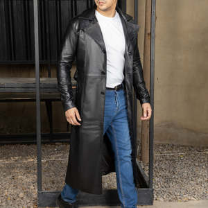 ODM Custom <b>Men</b> Genuine Leather Long <b>Trench</b> <b>Coat</b> High Quality Winter Fashion Quick Dry Horn Button Unique Color Supplier - Product Image 2