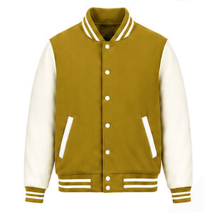 <b>Men</b> Varsity <b>Jacket</b> Olive Green <b>White</b> Sleeve Solid Color Casual Turn-down Collar Button Closure Autumn Wear Hot selling Wholesale - Product Image 1