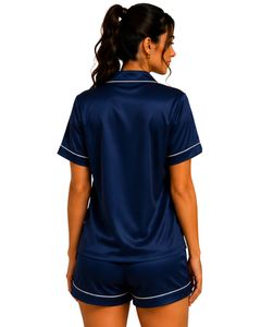 Conjunto de Pijama de Satén Azul Marino Personalizado para Mujer, Ropa de Dormir de Seda con Bordado de Copos de Nieve, Conjunto de Pijama Suave de Manga Corta - Product Image 2