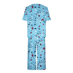 Ensemble de pyjama imprimé floral pour femmes, manches courtes, col rond, en coton tricoté, respirant, doux, vêtements de nuit décontractés, 2 pièces, longueur complète - Product Image 6