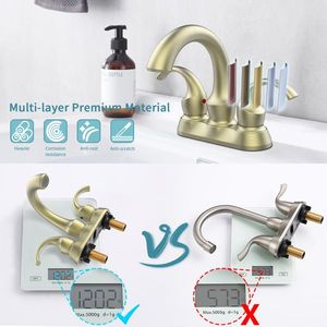 Rubinetto da Bagno a 2 Maniglie Stile Cigno da 4 Pollici, Finitura Oro Spazzolato, con Scarico a Scomparsa, Aeratore e Tubi di Alimentazione - Product Image 6