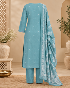 Ensemble trois pièces Kurta, pantalon et dupatta brodé bleu ciel pour femme, motif floral, tenue ethnique indienne, fabricant et fournisseur en gros - Product Image 3