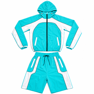 Men's Contrast Panel Windbreaker and Shorts Set Zip Front Hooded Sportswear for Training Activities - Product Image 2