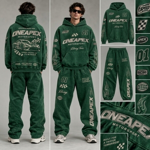 Men's Green Motorsport <b>Hoodie</b> Sweatpants Tracksuit Set by <b>One</b> Apex Racing Team Two <b>Piece</b> Matching Jogger Streetwear Casual - Product Image 2