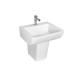 Lavabo Rectangular Semi-Pedestal Lyra Stone con Acabado Cromado, Grifo Monomando de un Solo Orificio, Diseño Minimalista - Product Image 1