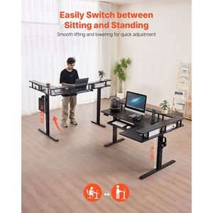 Heavy Duty Electric Adjustable Height L-Shaped Computer <b>Desk</b> with Keyboard Tray and Dual Hooks for Gaming & Office Use - Product Image 2