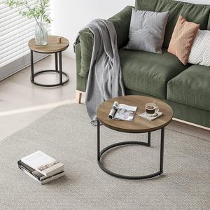 Nesting Coffee Table Set of 2 for Living Room Round Wooden Top & Matte Black Metal Base Space Saving Modern Coffee Tables - Product Image 6