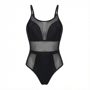 Women's Black One-Piece Swimsuit With Mesh Panel Hollow Out Design Plunge <b>Neck</b> Push Up <b>Bra</b> Style High Waist Bodysuit - Product Image 1