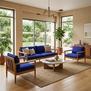 Ensemble de chaises de salon en teck massif avec coussins bleus, fauteuils de patio extérieurs faits à la main, ensemble de meubles de salon - Product Image 5