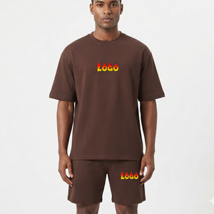 Conjunto Deportivo de Algodón Marrón para Hombre OEM, Camiseta de Cuello Redondo y Manga Corta, Corte Holgado, Pantalones Cortos, Ropa Casual de Verano con Logotipo Estampado - Product Image 4