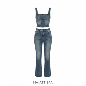Women Blue Denim Crop <b>Top</b> And Flare Jeans Set Sleeveless Two Piece Casual Streetwear Matching Outfit Vintage Fashion - Product Image 3