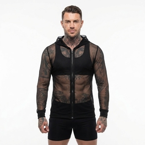 Haut à capuche transparent pour homme en maille fine avec fermeture éclair, coupe ajustée, 100 % polyester, idéal pour l'été - Product Image 5