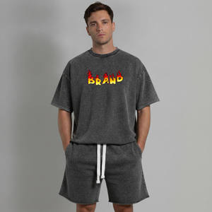 Ensemble T-shirt et short en coton surdimensionné de haute qualité, col rond, effet délavé, vêtements décontractés d'été, respirant, ensemble 2 pièces pour homme - Product Image 1