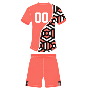 Ensemble short et maillot de rugby géométrique rouge corail, noir et blanc, à manches courtes, col rond, personnalisable, respirant, pour l'entraînement et les sports d'équipe - Product Image 2