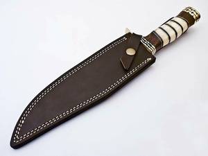 Couteau de chasse Bowie DIY OEM en acier Damas, lame fixe à pointe clip, manche en bois, bord droit, longueur totale 13 pouces, fourreau en laiton - Product Image 6