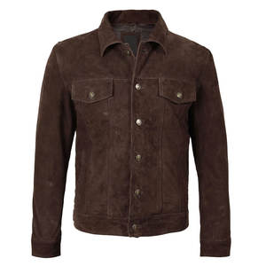 Camisa de ante marrón con botones de cuero para hombre, de invierno, con cuello vuelto de lana de borrego, ajustada, de piel auténtica, en oferta. - Product Image 1