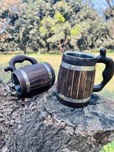 Chope à bière en bois faite à la main avec insert en acier inoxydable, design classique, poignée ergonomique, compatible lave-vaisselle, motif uni, coffret cadeau, pour fêtes et usage domestique - Product Image 2