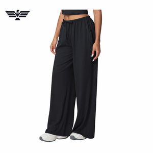 Pantalon large taille mi-haute pour femme, en coton tricoté beige uni, coupe ample, coupe-vent, avec cordon de serrage, longueur intégrale, décontracté, streetwear d'été - Product Image 2