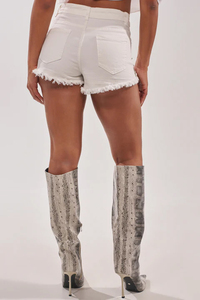White High Waist <b>Sequined</b> Denim Shorts With Rhinestone Embellishment Frayed Hem Casual Style - Product Image 4