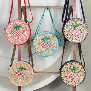 Sacs Ronds de Luxe en Cuir Véritable à Motifs Floraux et Échiquiers, Sacs à Main Élégants pour Femmes, Sacs Bandoulière de Soirée et de Shopping - Product Image 2