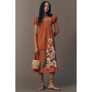 Robe longue élégante et tendance pour femme, motif floral personnalisé, col en V, manches bouffantes, coupe trapèze, décontractée d'été, ajustement régulier, 100 % lavable - Product Image 1
