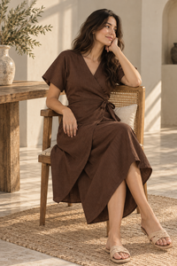 Premium Woven Cotton <b>Linen</b> Knee-Length Breathable Solid Color <b>Wrap</b> Short Sleeve Casual Gown Natural Waist A-Line Silhouette - Product Image 5