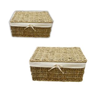 Cesta de Almacenamiento de Mimbre y Hierba Marina, Juego de Cestas con Marco Metálico y Tapa - Product Image 1