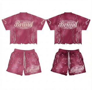 Ensemble T-shirt et short pour homme, style streetwear automne, imprimé léopard, en tissu éponge respirant, col rond, effet délavé, imprimé numérique - Product Image 3