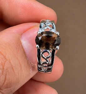 Rhaya Jewels Vintage Elegant Engagement Rhodium Plated 925 Sterling Silver Oval Cut Smoky Quartz Prong Setting Dainty Band <b>Ring</b> - Product Image 1