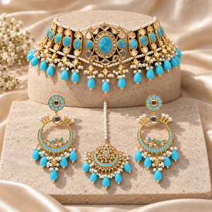 Venta al por mayor de conjunto de gargantilla nupcial, pendientes de aro y tikka con cuentas de turquesa chapadas en oro, a granel - Product Image 2