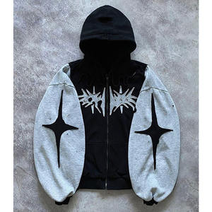 <b>Mens</b> <b>Black</b> Grey Color Block Zip Up Hoodie Oversized Graphic Hooded Sweatshirt Streetwear Casual Fleece Jacket - Product Image 1