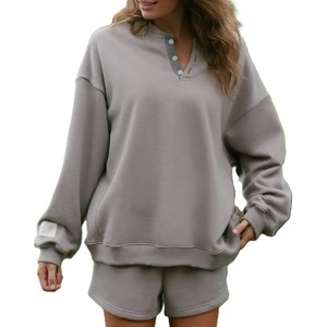 Women's Light Gray Knitted <b>Long</b> <b>Sleeve</b> <b>Henley</b> Sweatshirt Regular Fit Casual Autumn Wear 100% Cotton Breathable Solid Color - Product Image 3