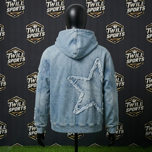 Sweat à capuche streetwear personnalisé pour homme, écologique, en denim vintage délavé, zippé, coupe oversize, avec écusson étoile brodé, pour l'hiver - Product Image 3