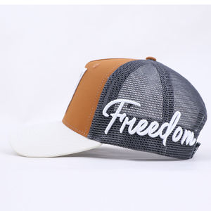 Casquette Trucker en Maille OEM, Avant Beige, Arrière Gris, Visière Blanche, Logo Personnalisé Brodé Freedom, Respirante, Casquette d'Été pour Adultes et Adolescents - Product Image 4