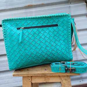 Bolso Bandolera de Cuero Vacuno Turquesa de Alta Calidad, Estilo Bohemio, Estampado Animal, Costuras Geométricas, Cierre de Cremallera, Personalizado - Product Image 3