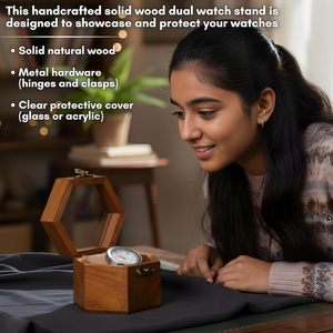 DECOR N UTILITY CRAFT Hexagon <b>Wooden</b> Dual Watch Stand Protective Glass Cover Handmade Modern Tabletop <b>Desk</b> Clock Holder Craft - Product Image 5