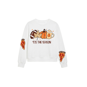 Sudadera Blanca de Manga Larga al por Mayor con Bordado Personalizado de Calabaza de Halloween y Pizza, Cuello Redondo, Sudadera de Otoño/Invierno para Mujer - Product Image 1